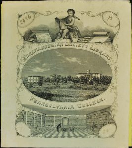 Phrenakosmian bookplate with image of Penn Hall in the center